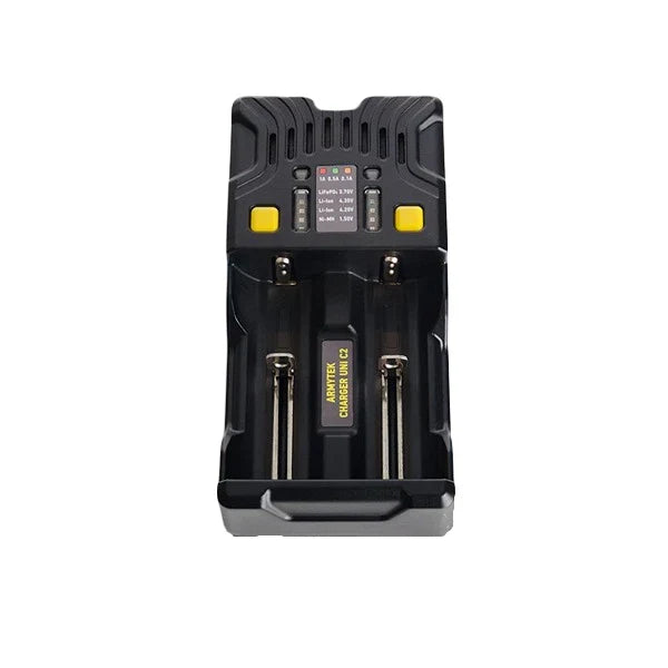 Uni C2 Ladegerät 2-Kanal mit LED-Anzeige / Eingang AC 85-264V oder DC 12V / Ausgang 2x1A / für IMR/Li-Ion, Ni-MH, Ni-Cd, LiFePO4, Ni-Zn / Typ A oder Typ C / Autoadapter - Armytek