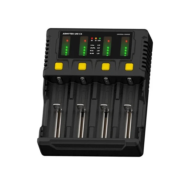 Uni C4 Ladegerät 4-fach / LED-Anzeige / Eingang AC 85-264V oder DC 12V / Ausgang bis zu 2A pro Kanal / für IMR/Li-Ion, Ni-MH, Ni-Cd, LiFePO4, Ni-Zn / Typ A oder Typ C / Auto-Adapter - Armytek