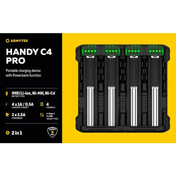 Handy C4 Pro Ladegerät 4 Kanäle / LED-Anzeige / Eingang 5V USB 3.1 Typ-C / Ausgang 4x1A / Powerbank 2x2,5A / für IMR/Li-Ion, Ni-MH, Ni-Cd - Armytek