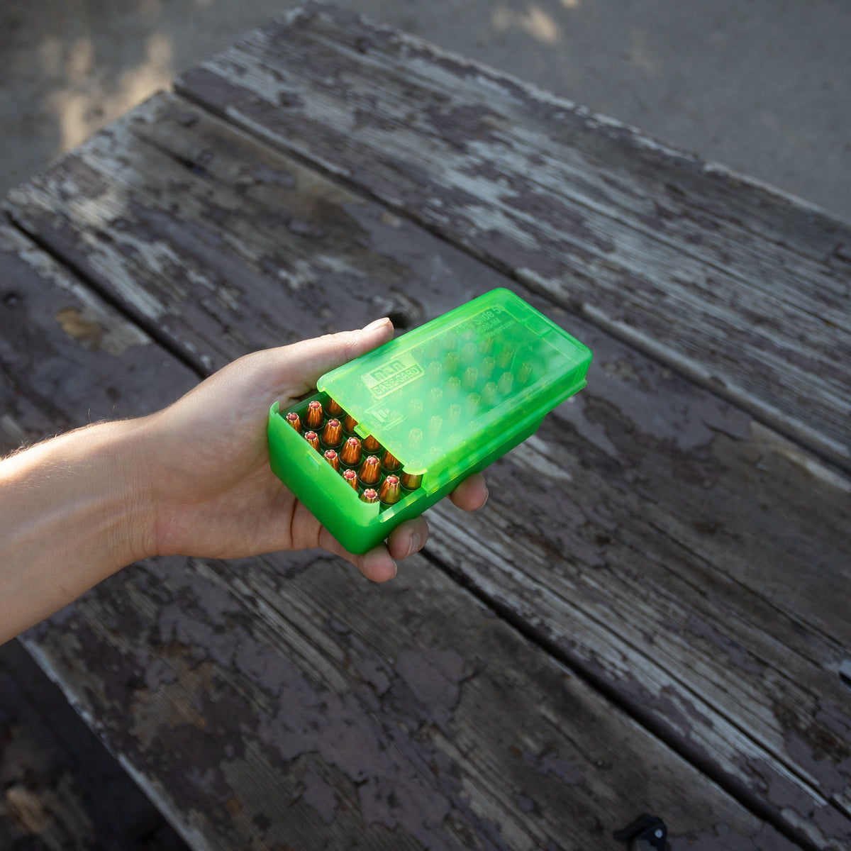 Patronenbox für Pistolenmunition Kal. 9mm – 50 Stk. Farbe: Klar Grün / Schiebedeckel – MTM