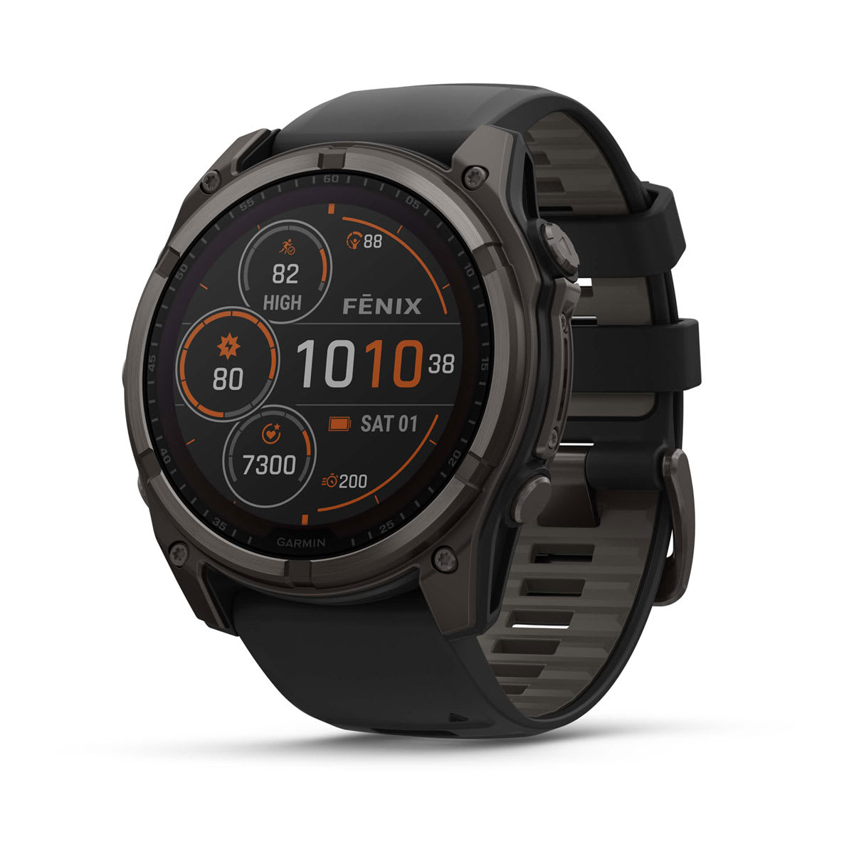 fēnix® 8 – 51 mm, Solar, Sapphire, Carbon Grey DLC-Titanium mit Schwarz/Pebble Grey Silikonarmband – Garmin
