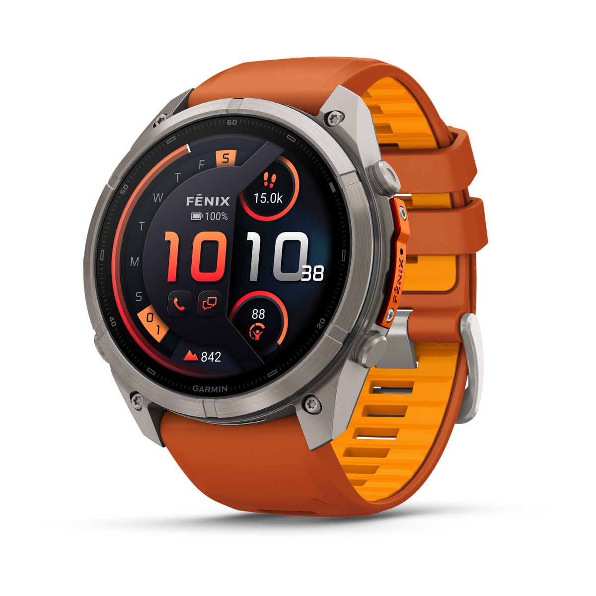 fēnix® 9 Pro – inReach, 51 mm, AMOLED, Sapphire, Titanium mit Autumn Orange/Spark Orange Silikonarmband – Garmin