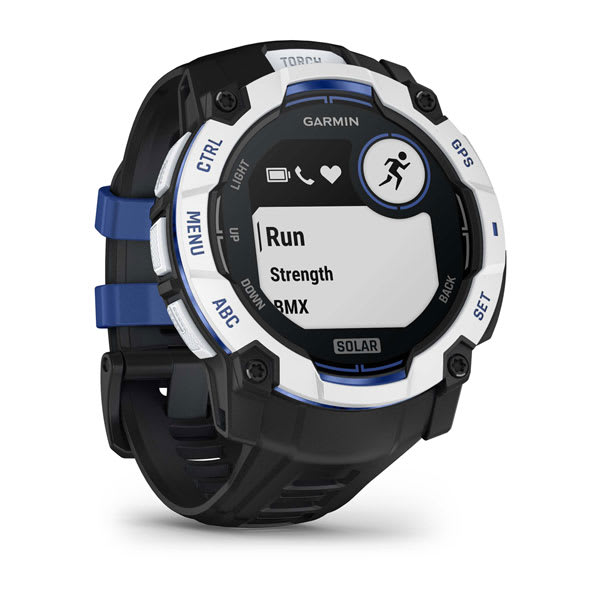 Instinct® 3 – 50 mm, Solar, Whitestone mit Schwarz/Bolt Blue Armband – Garmin