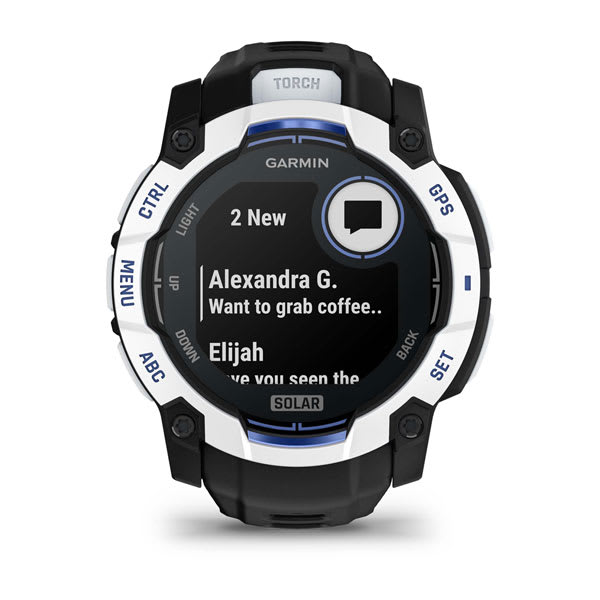 Instinct® 3 – 50 mm, Solar, Whitestone mit Schwarz/Bolt Blue Armband – Garmin
