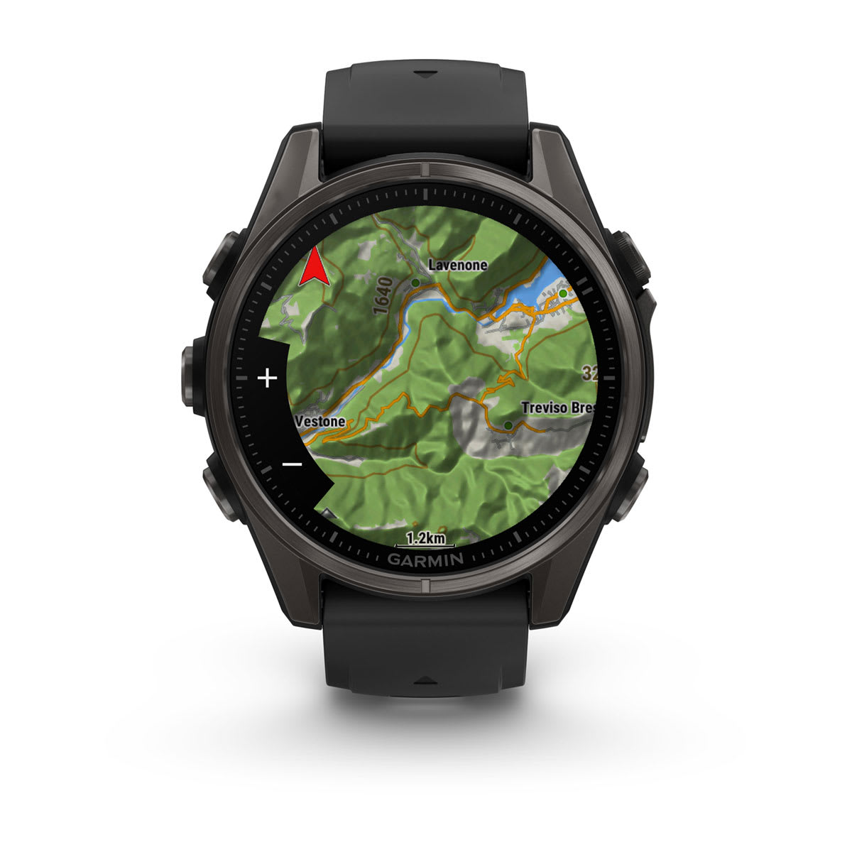 fēnix® 8 – 43 mm, AMOLED, Sapphire, Carbon Grey DLC-Titan mit Schwarz/Pebble Grey-Silikonarmband – Garmin