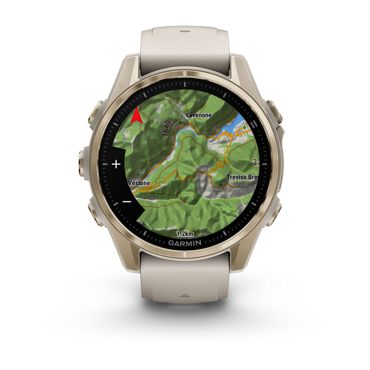 fēnix® 8 – 43 mm, AMOLED, Sapphire, Soft Gold mit Fog Grey/Dark Sandstone Silikonarmband – Garmin