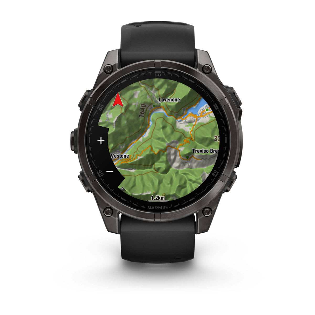 fēnix® 8 – 47 mm, AMOLED, Saphir, Carbon Grey DLC-Titan mit Schwarz/Pebble Grey Silikonarmband – Garmin
