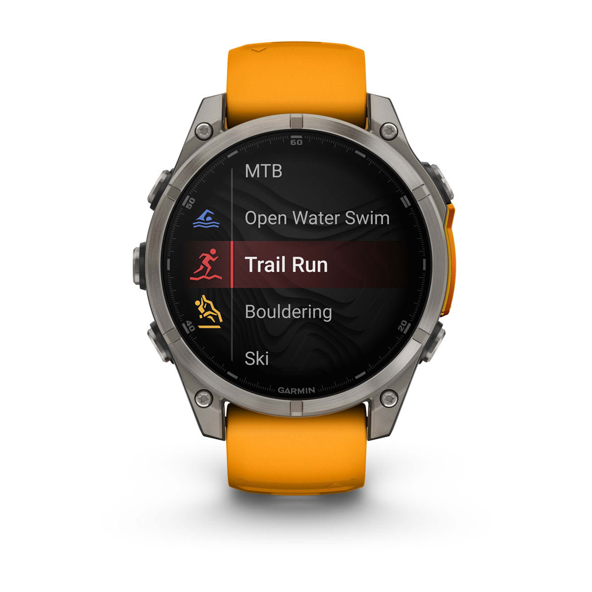 fēnix® 8 – 47 mm, AMOLED, Saphir, Titan mit Spark Orange/Graphite Silikonarmband – Garmin