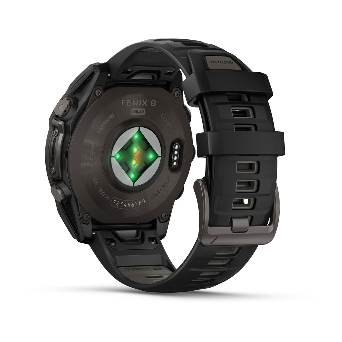 fēnix® 8 – 47 mm, Solar, Sapphire, Carbon Grey DLC-Titan mit Schwarz/Pebble Grey Silikonarmband – Garmin