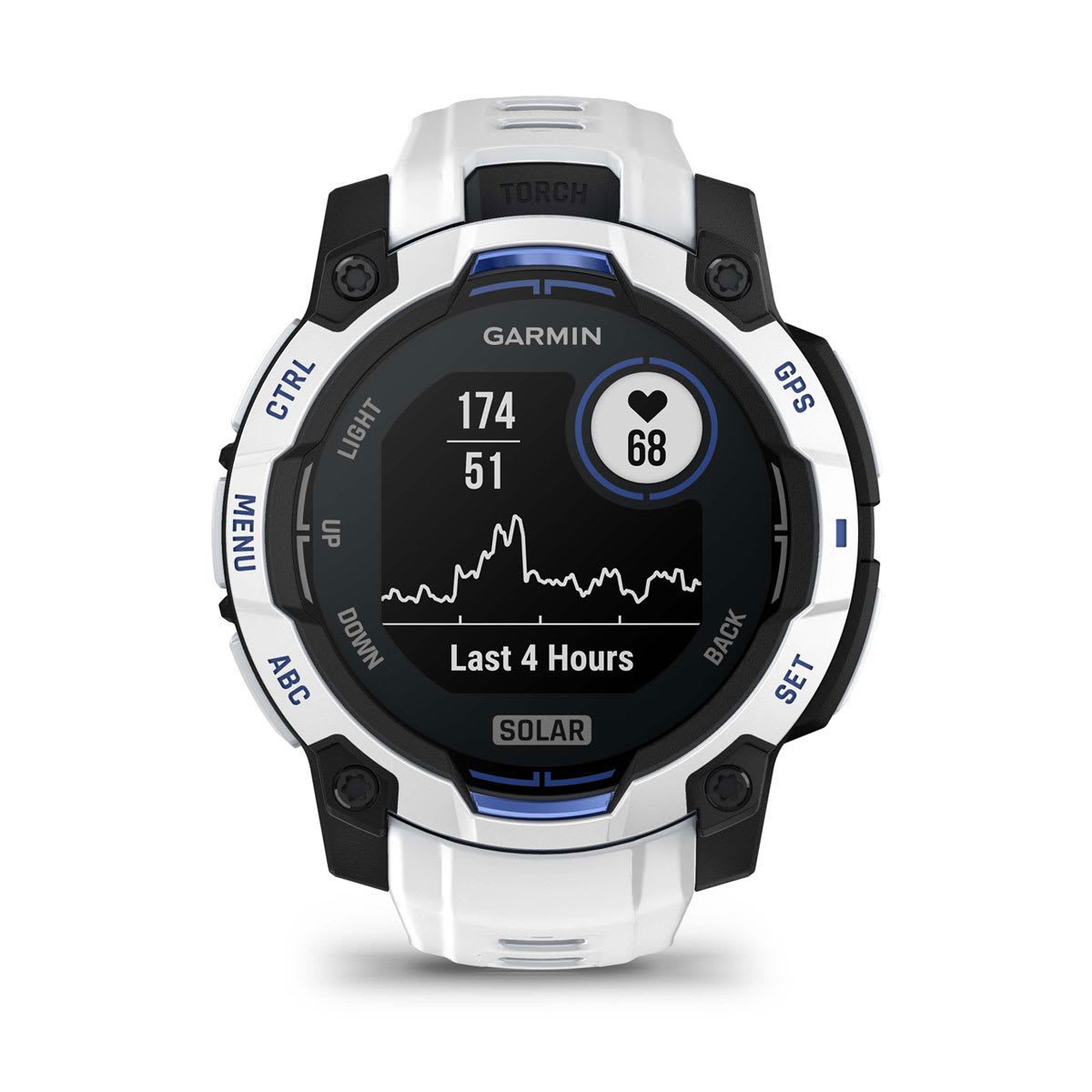 Instinct® 3 – 45 mm, Solar, Whitestone mit Whitestone/Bolt Blue Armband – Garmin