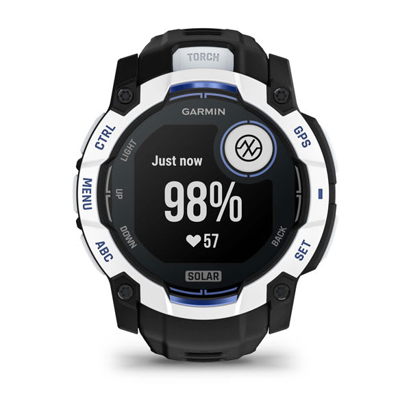 Instinct® 3 – 50 mm, Solar, Whitestone mit Schwarz/Bolt Blue Armband – Garmin