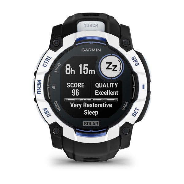 Instinct® 3 – 50 mm, Solar, Whitestone mit Schwarz/Bolt Blue Armband – Garmin