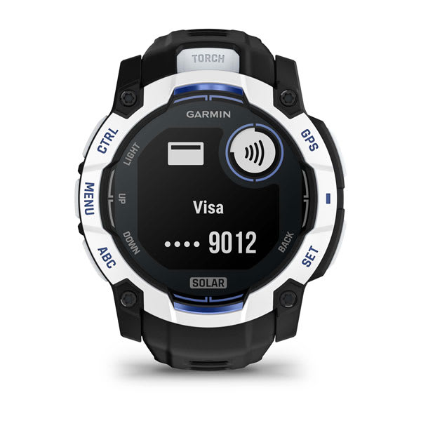 Instinct® 3 – 50 mm, Solar, Whitestone mit Schwarz/Bolt Blue Armband – Garmin