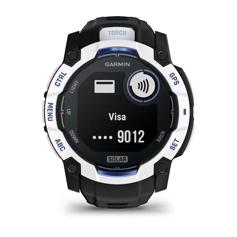 Instinct® 3 – 45 mm, Solar, Whitestone med Whitestone/Bolt Blue rem 3