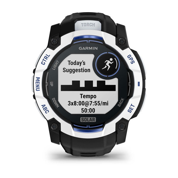Instinct® 3 – 50 mm, Solar, Whitestone mit Schwarz/Bolt Blue Armband – Garmin