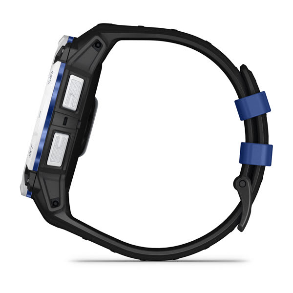 Instinct® 3 – 50 mm, Solar, Whitestone mit Schwarz/Bolt Blue Armband – Garmin