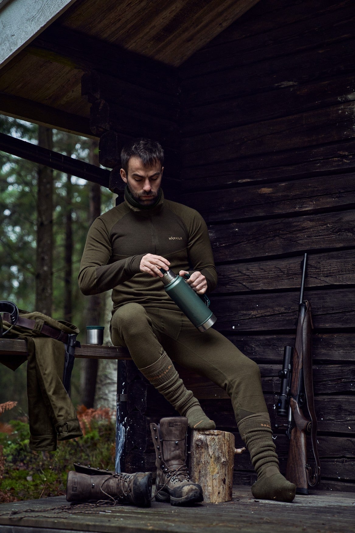 Base Warm Zip-Neck Unterhemd Willow green/Shadow brown - Härkila