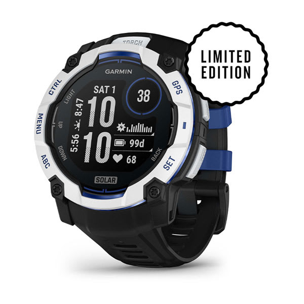 Instinct® 3 – 50 mm, Solar, Whitestone mit Schwarz/Bolt Blue Armband – Garmin