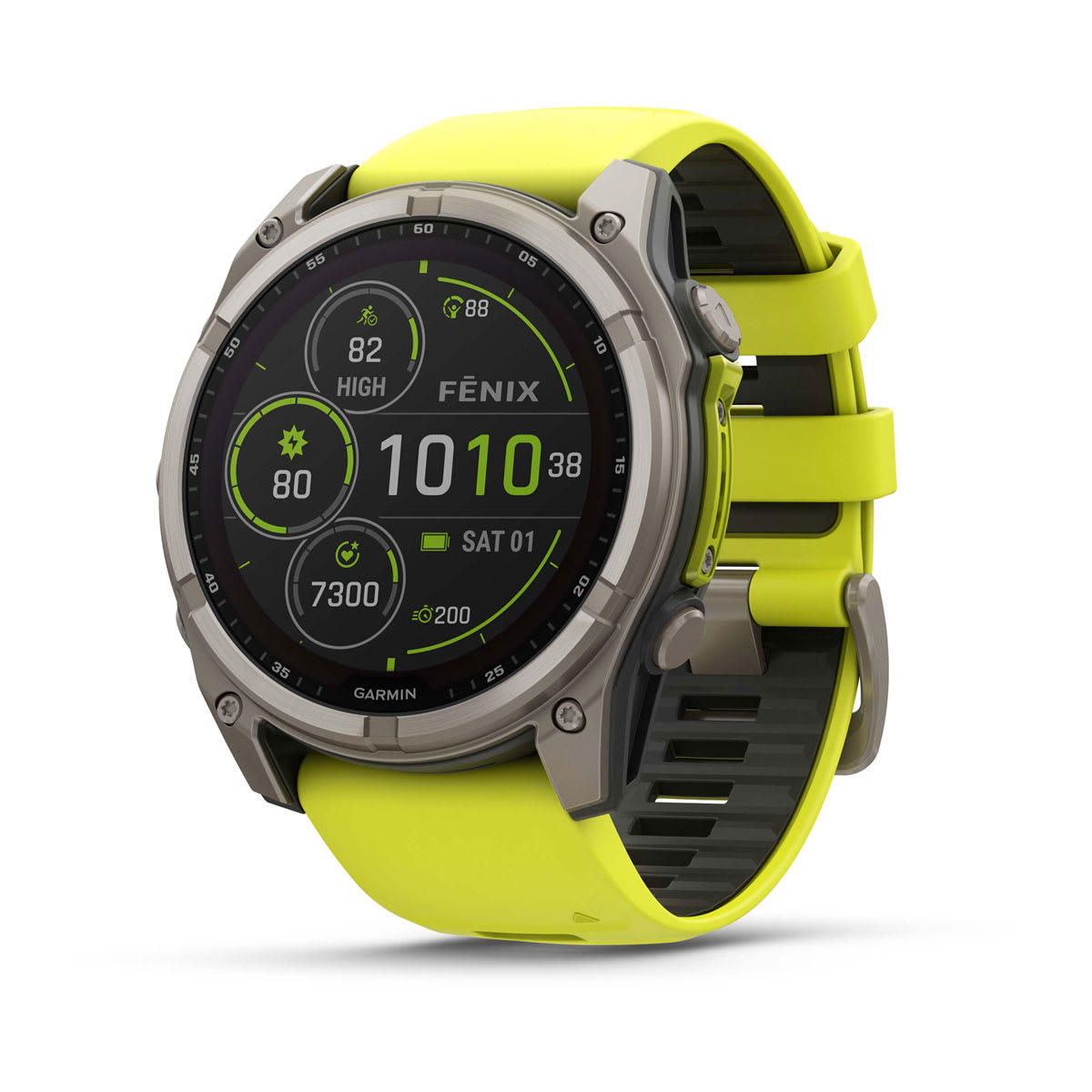 fēnix® 8 – 51 mm, Solar, Saphir, Titan mit Amp Yellow/Graphite-Silikonarmband – Garmin