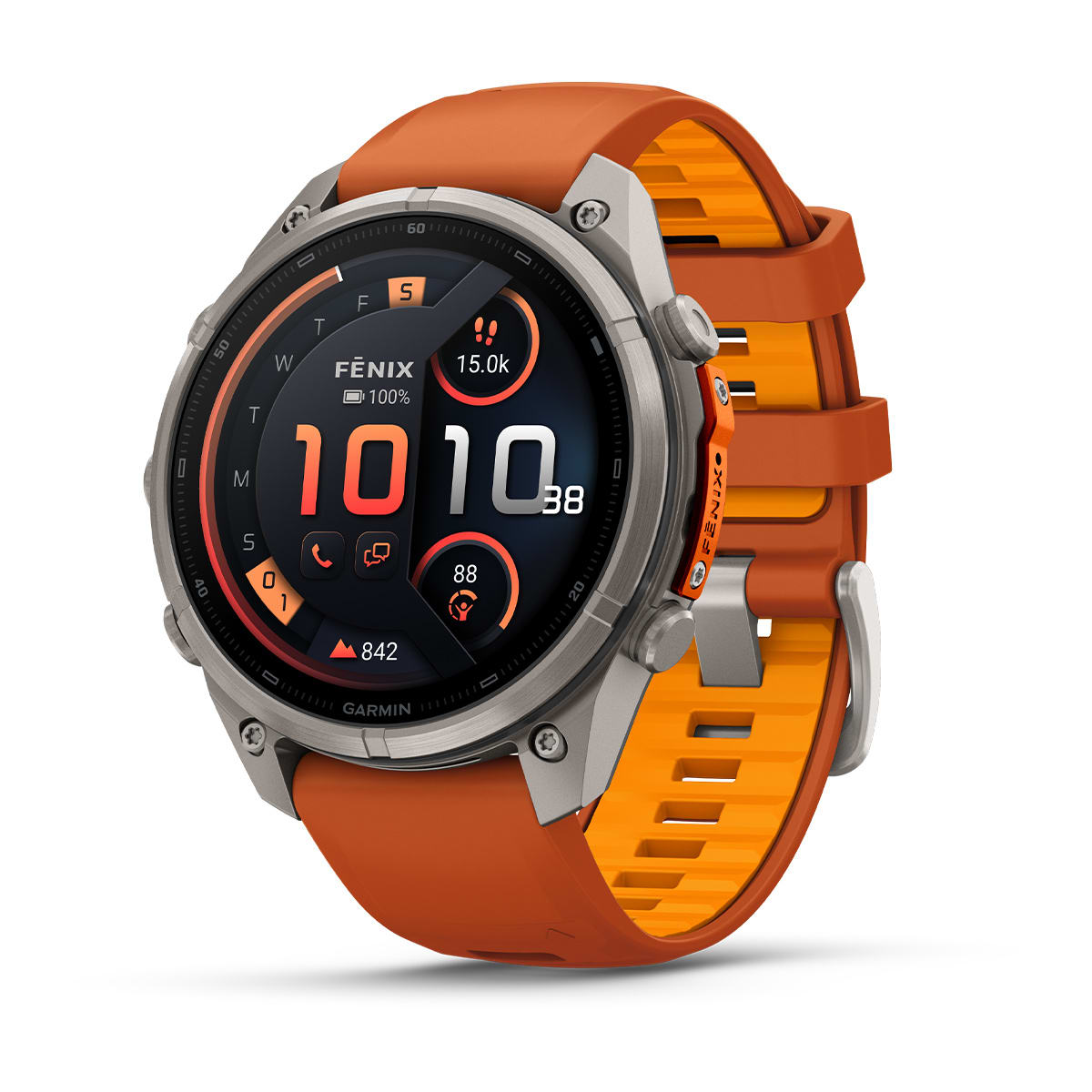 fēnix® 9 Pro – inReach, 47 mm, AMOLED, Sapphire, Titanium mit Autumn Orange/Spark Orange Silikonarmband – Garmin