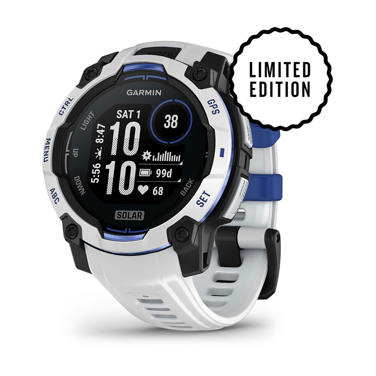 Instinct® 3 – 45 mm, Solar, Whitestone mit Whitestone/Bolt Blue Armband – Garmin