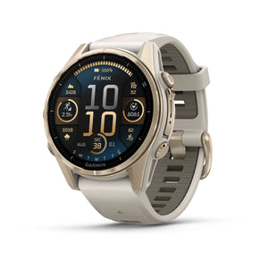 fēnix® 8 – 43 mm, AMOLED, Sapphire, Soft Gold mit Fog Grey/Dark Sandstone Silikonarmband – Garmin