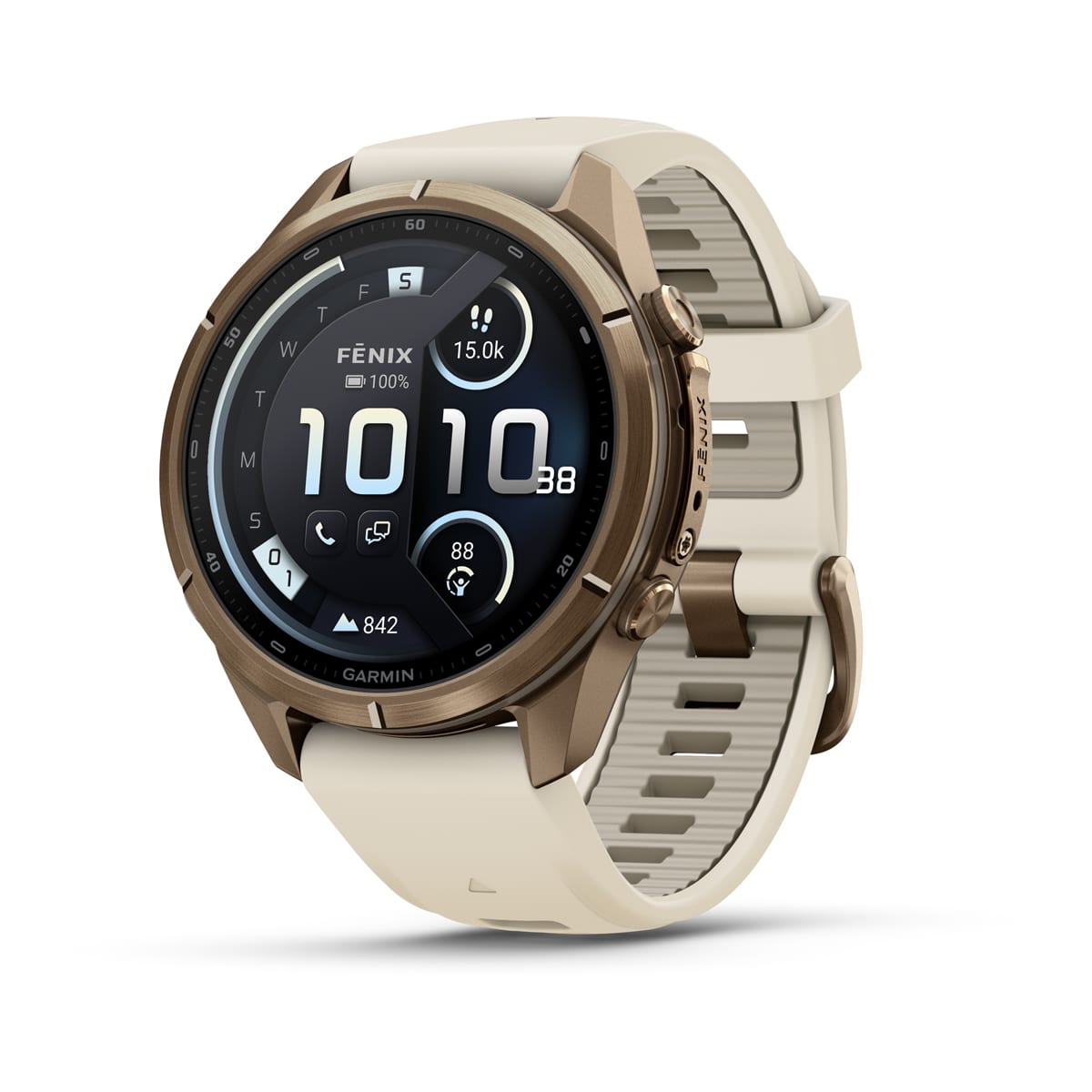 fēnix® 9 Pro – inReach, 43 mm, AMOLED, Sapphire, Autumn Gold-Titanium mit Cream/French Grey Silikonarmband – Garmin