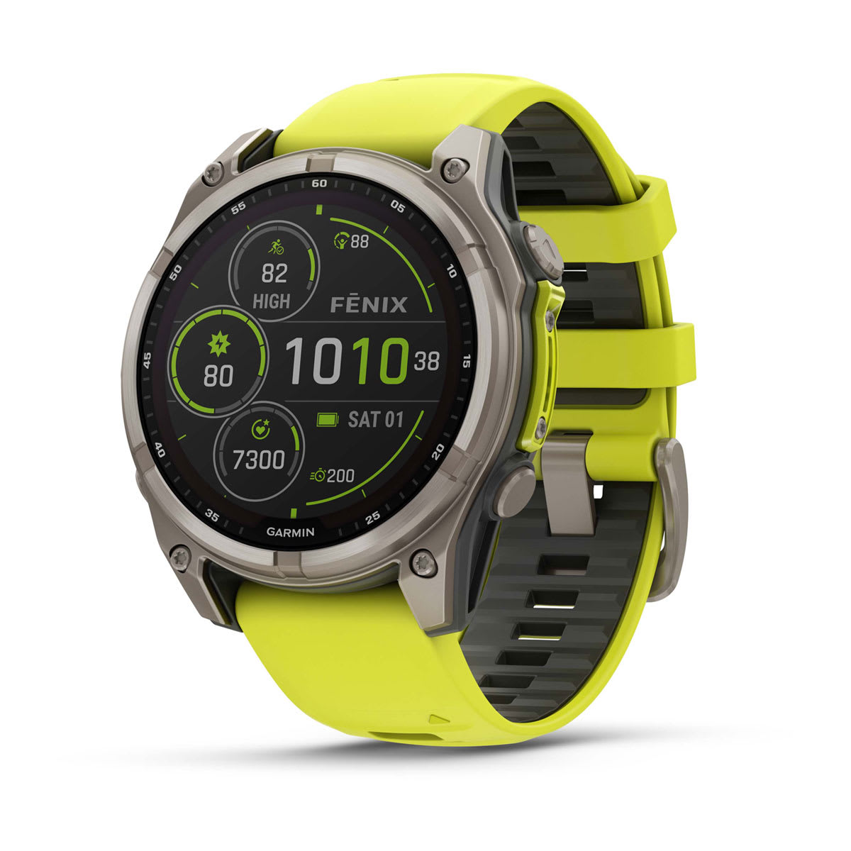 fēnix® 8 – 47 mm, Solar, Sapphire, Titanium mit Amp Yellow/Graphite Silikonarmband – Garmin