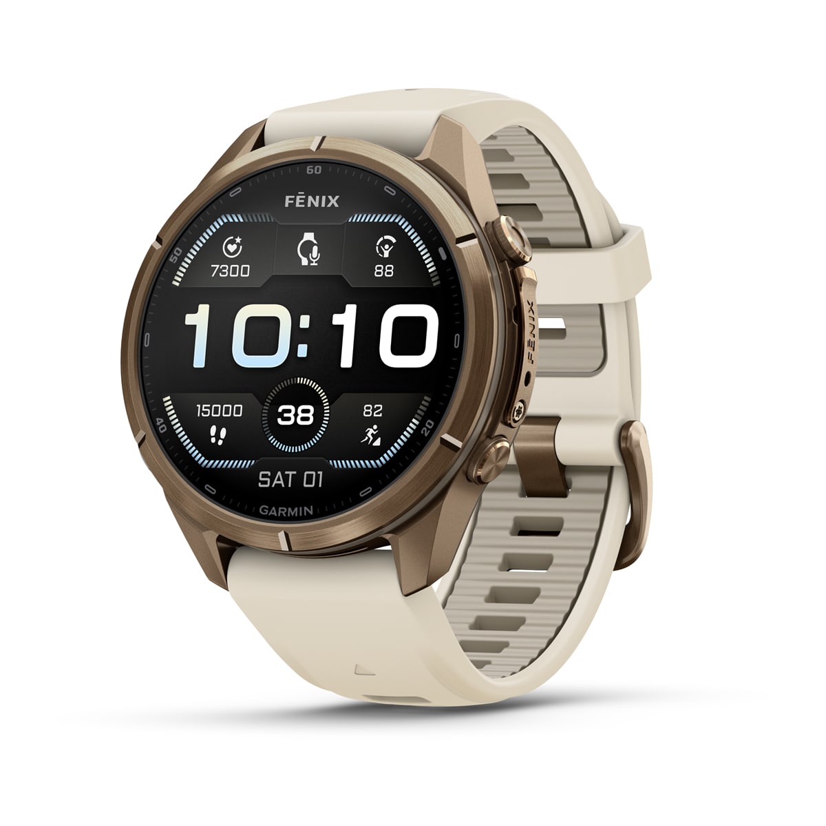 fēnix® 9 Pro – 43 mm, AMOLED, Sapphire, Autumn Gold-Titanium mit Cream/French Grey Silikonarmband – Garmin