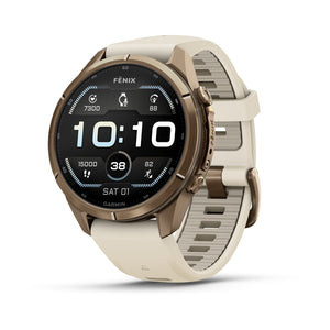 fēnix® 9 Pro – 43 mm, AMOLED, Sapphire, Autumn Gold-Titanium mit Cream/French Grey Silikonarmband – Garmin