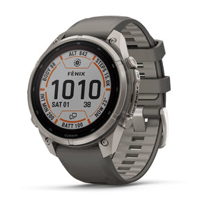 fēnix® 9 Pro – inReach, Solar, 47 mm, Power Sapphire, Titanium mit Pebble Grey Silikonarmband – Garmin