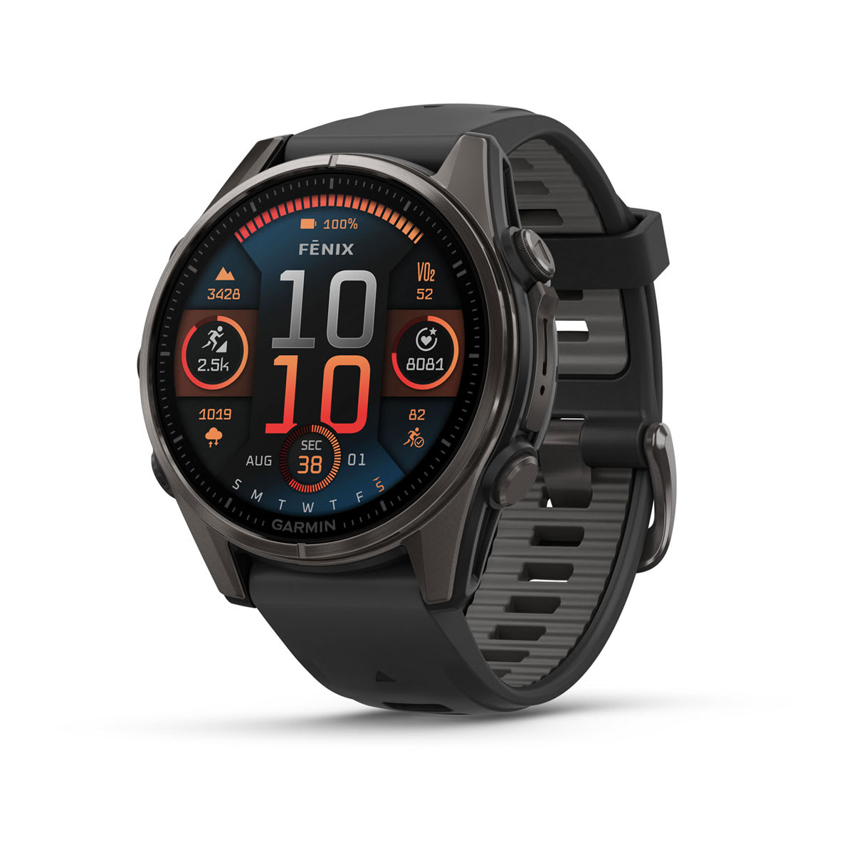 fēnix® 8 – 43 mm, AMOLED, Sapphire, Carbon Grey DLC-Titan mit Schwarz/Pebble Grey-Silikonarmband – Garmin