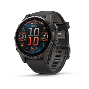 fēnix® 8 – 43 mm, AMOLED, Sapphire, Carbon Grey DLC-Titan mit Schwarz/Pebble Grey-Silikonarmband – Garmin