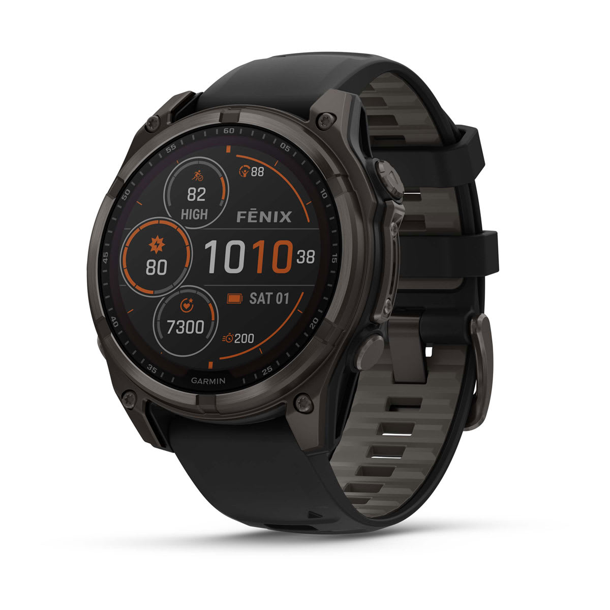 fēnix® 8 – 47 mm, Solar, Sapphire, Carbon Grey DLC-Titan mit Schwarz/Pebble Grey Silikonarmband – Garmin
