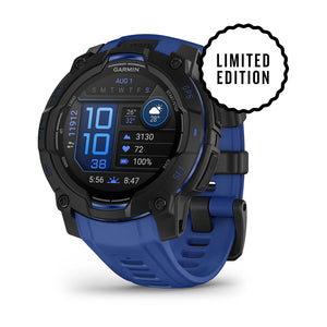 Instinct® 3 – 45 mm, AMOLED, Schwarz mit Bolt Blue/Schwarz Armband – Garmin