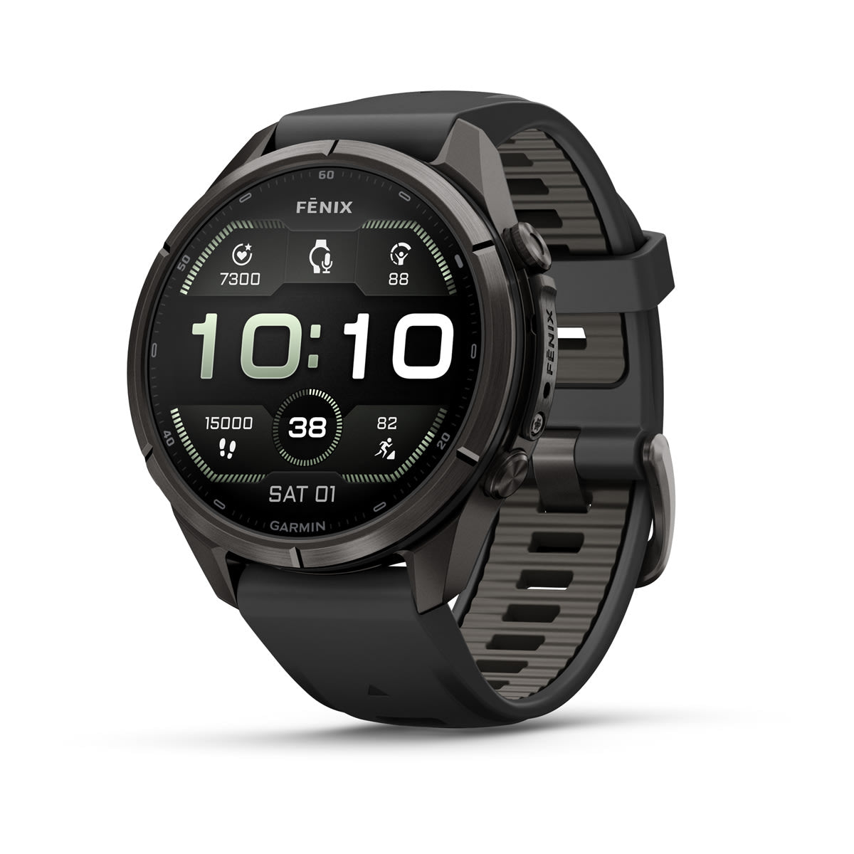 fēnix® 9 Pro – inReach, 43 mm, AMOLED, Sapphire, Carbon Grey DLC-Titanium mit Black/Pebble Grey Silikonarmband – Garmin