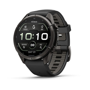 fēnix® 9 Pro – inReach, 43 mm, AMOLED, Sapphire, Carbon Grey DLC-Titanium mit Black/Pebble Grey Silikonarmband – Garmin