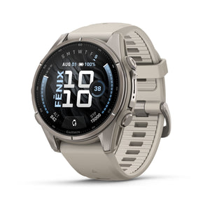 fēnix® 9 – 43 mm, AMOLED, Sapphire, Titanium mit Fog Grey Silikonarmband – Garmin