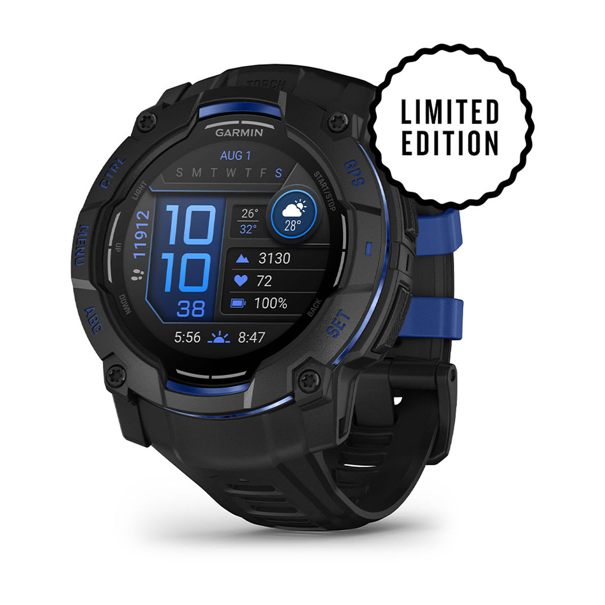 Instinct® 3 – 50 mm, AMOLED, Schwarz mit Schwarz/Bolt Blue Armband – Garmin