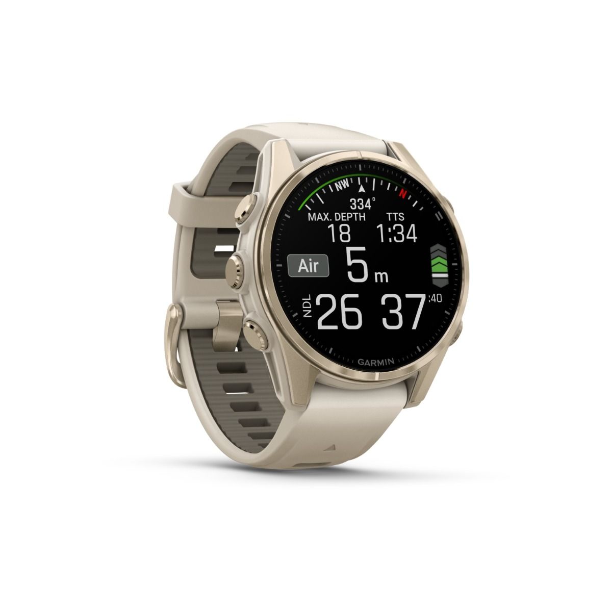 fēnix® 8 – 43 mm, AMOLED, Sapphire, Soft Gold mit Fog Grey/Dark Sandstone Silikonarmband – Garmin
