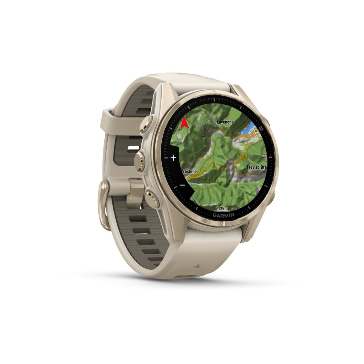 fēnix® 8 – 43 mm, AMOLED, Sapphire, Soft Gold mit Fog Grey/Dark Sandstone Silikonarmband – Garmin