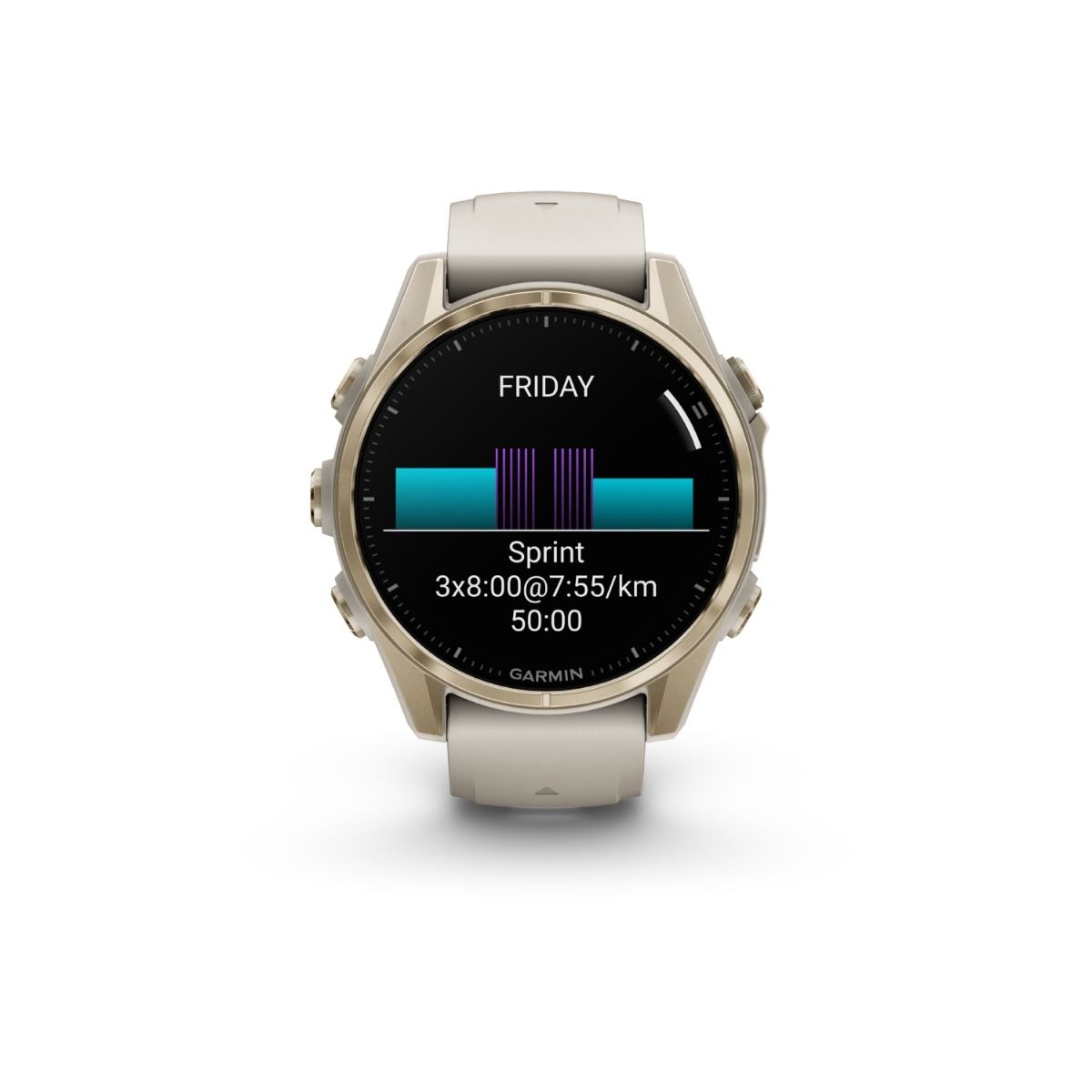 fēnix® 8 – 43 mm, AMOLED, Sapphire, Soft Gold mit Fog Grey/Dark Sandstone Silikonarmband – Garmin