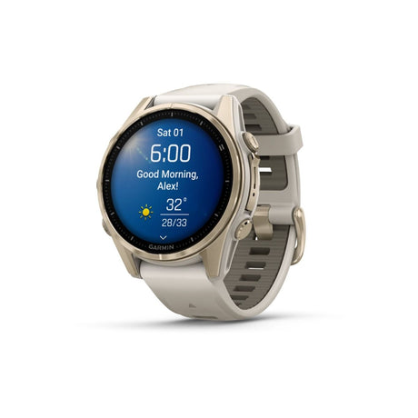 fēnix® 8 – 43 mm, AMOLED, Sapphire, Soft Gold mit Fog Grey/Dark Sandstone Silikonarmband – Garmin