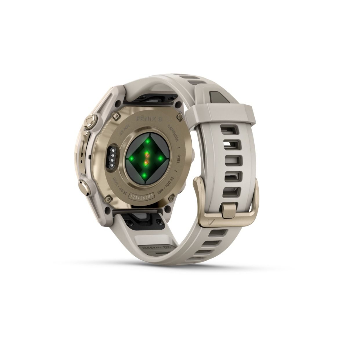 fēnix® 8 – 43 mm, AMOLED, Sapphire, Soft Gold mit Fog Grey/Dark Sandstone Silikonarmband – Garmin