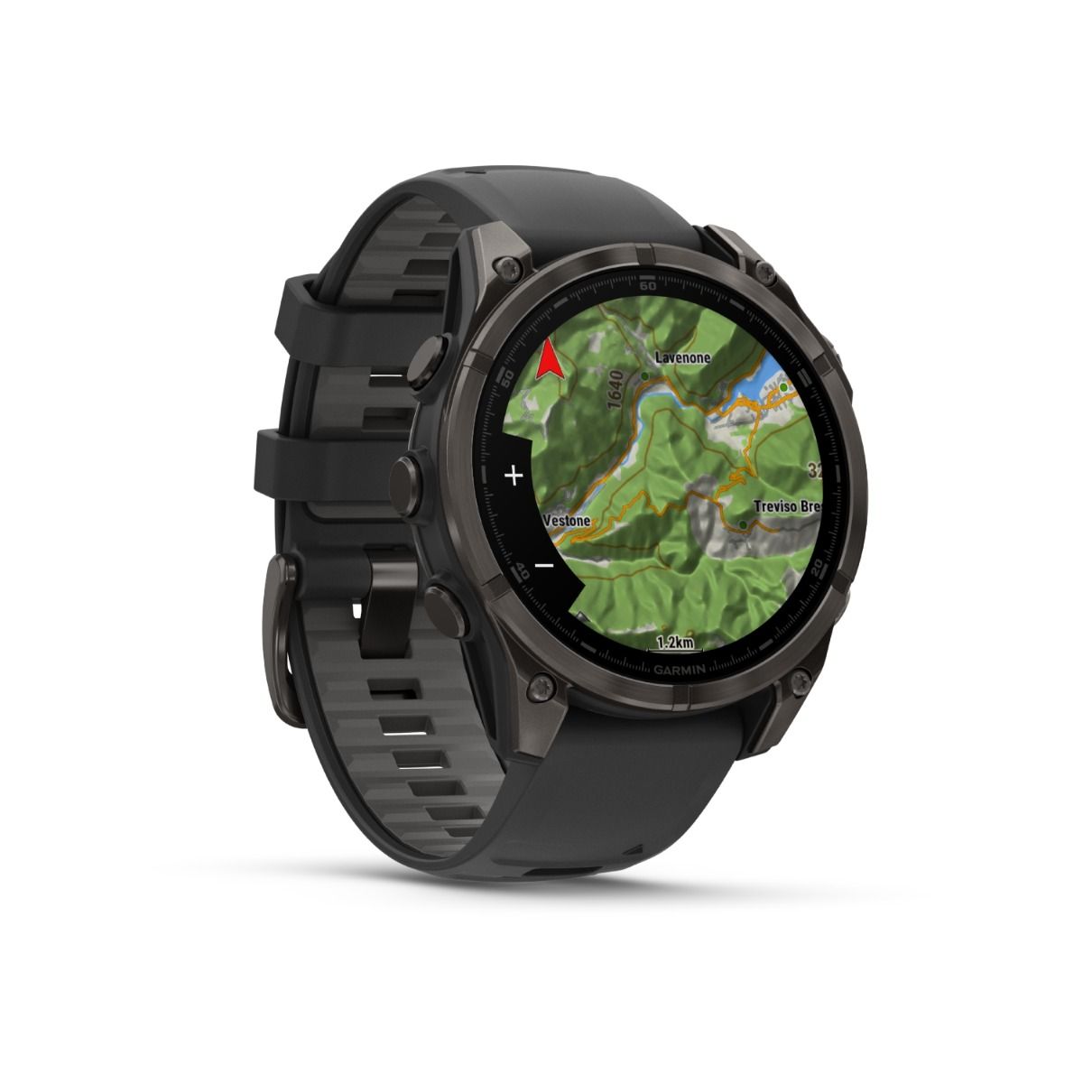 fēnix® 8 – 47 mm, AMOLED, Saphir, Carbon Grey DLC-Titan mit Schwarz/Pebble Grey Silikonarmband – Garmin