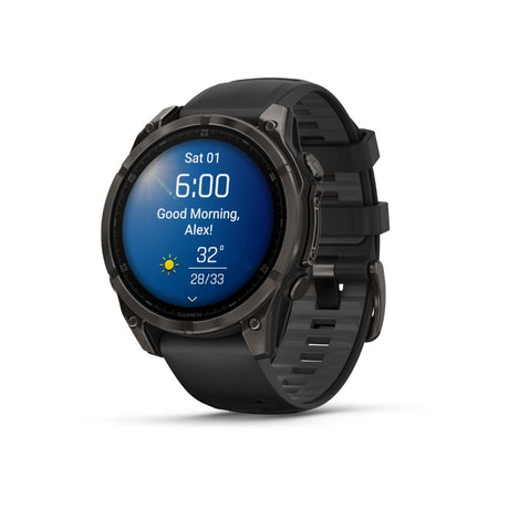 fēnix® 8 – 47 mm, AMOLED, Saphir, Carbon Grey DLC-Titan mit Schwarz/Pebble Grey Silikonarmband – Garmin