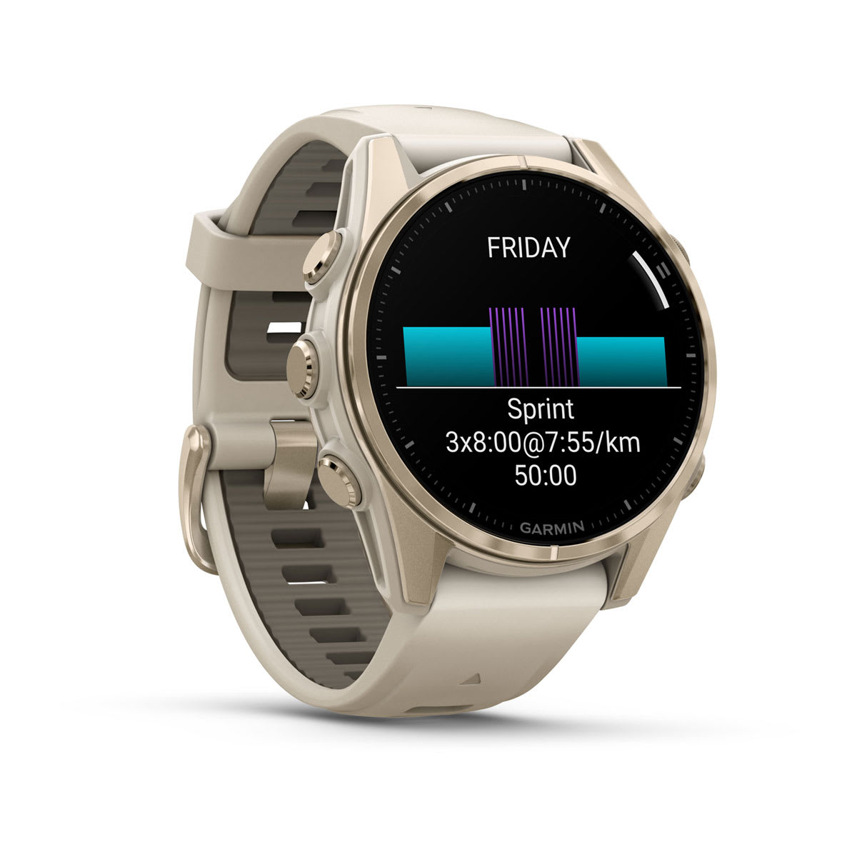fēnix® 8 – 43 mm, AMOLED, Sapphire, Soft Gold mit Fog Grey/Dark Sandstone Silikonarmband – Garmin