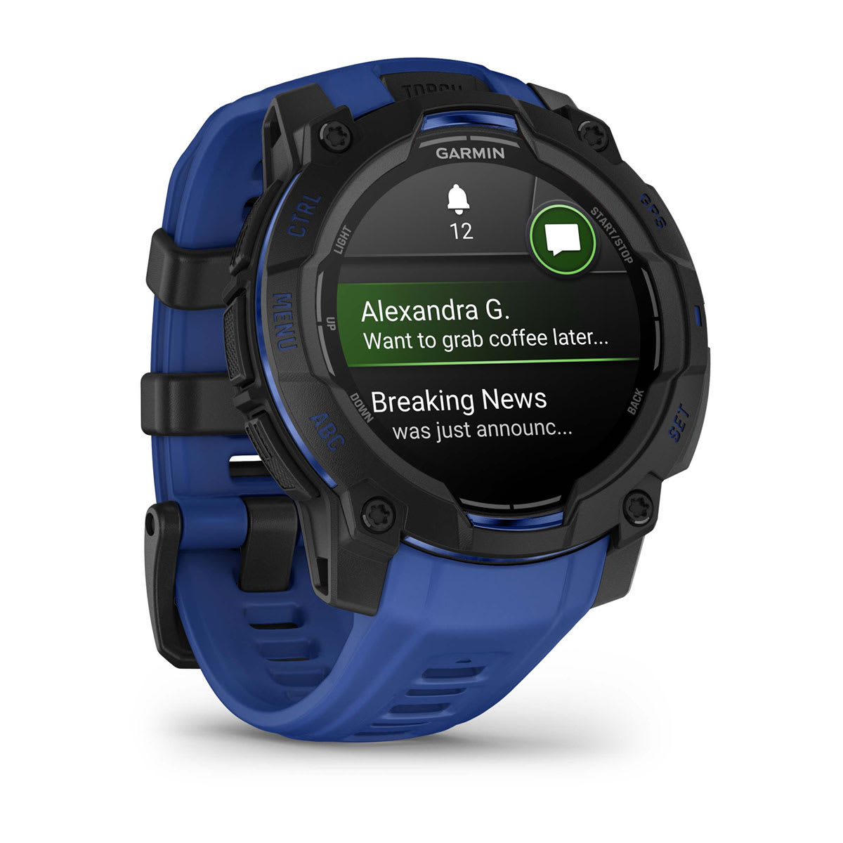 Instinct® 3 – 45 mm, AMOLED, Schwarz mit Bolt Blue/Schwarz Armband – Garmin