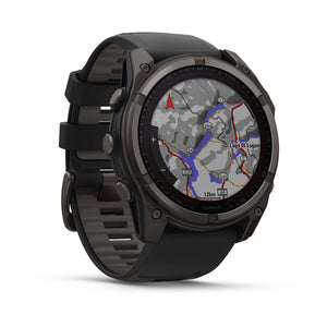 fēnix® 8 – 51 mm, Solar, Sapphire, Carbon Grey DLC-Titanium mit Schwarz/Pebble Grey Silikonarmband – Garmin