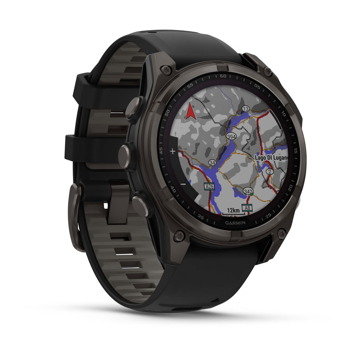 fēnix® 8 – 47 mm, Solar, Sapphire, Carbon Grey DLC-Titan mit Schwarz/Pebble Grey Silikonarmband – Garmin
